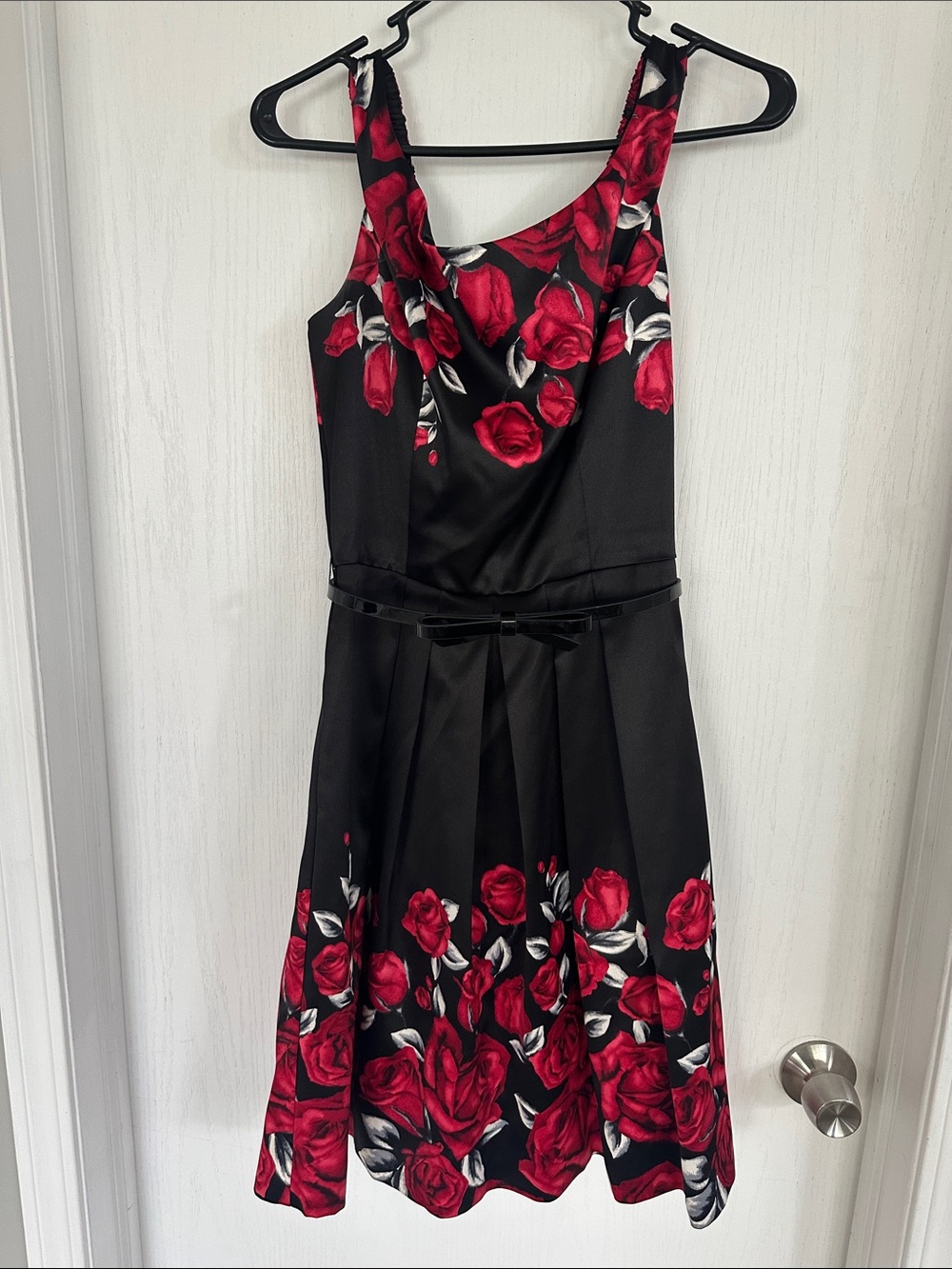 White House Black Market lined Black Dress with Red Rose Print